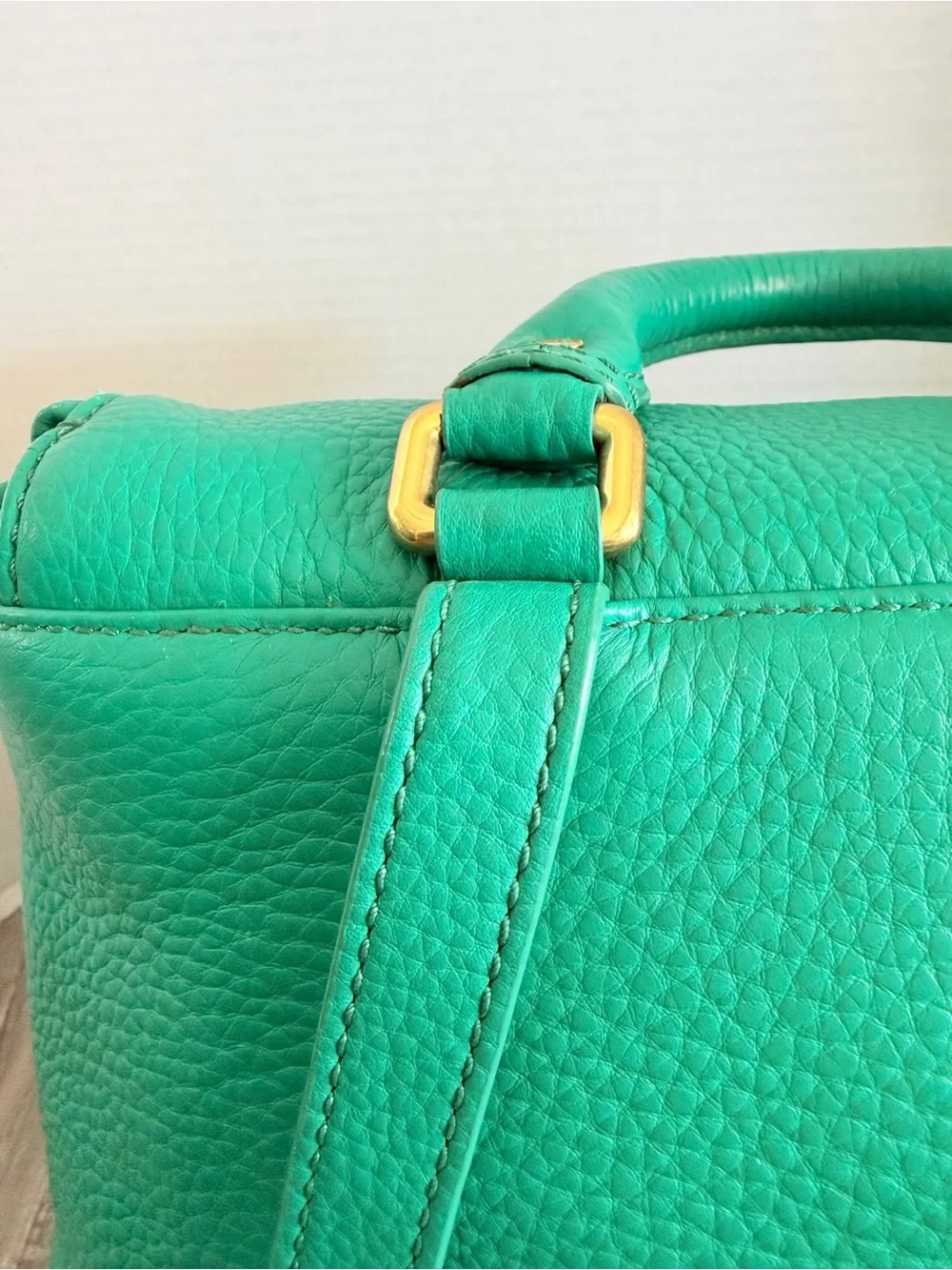 Marc Jacobs Green Pebbled Leather Backpack Top Handle Bag with Gold Plate Zip